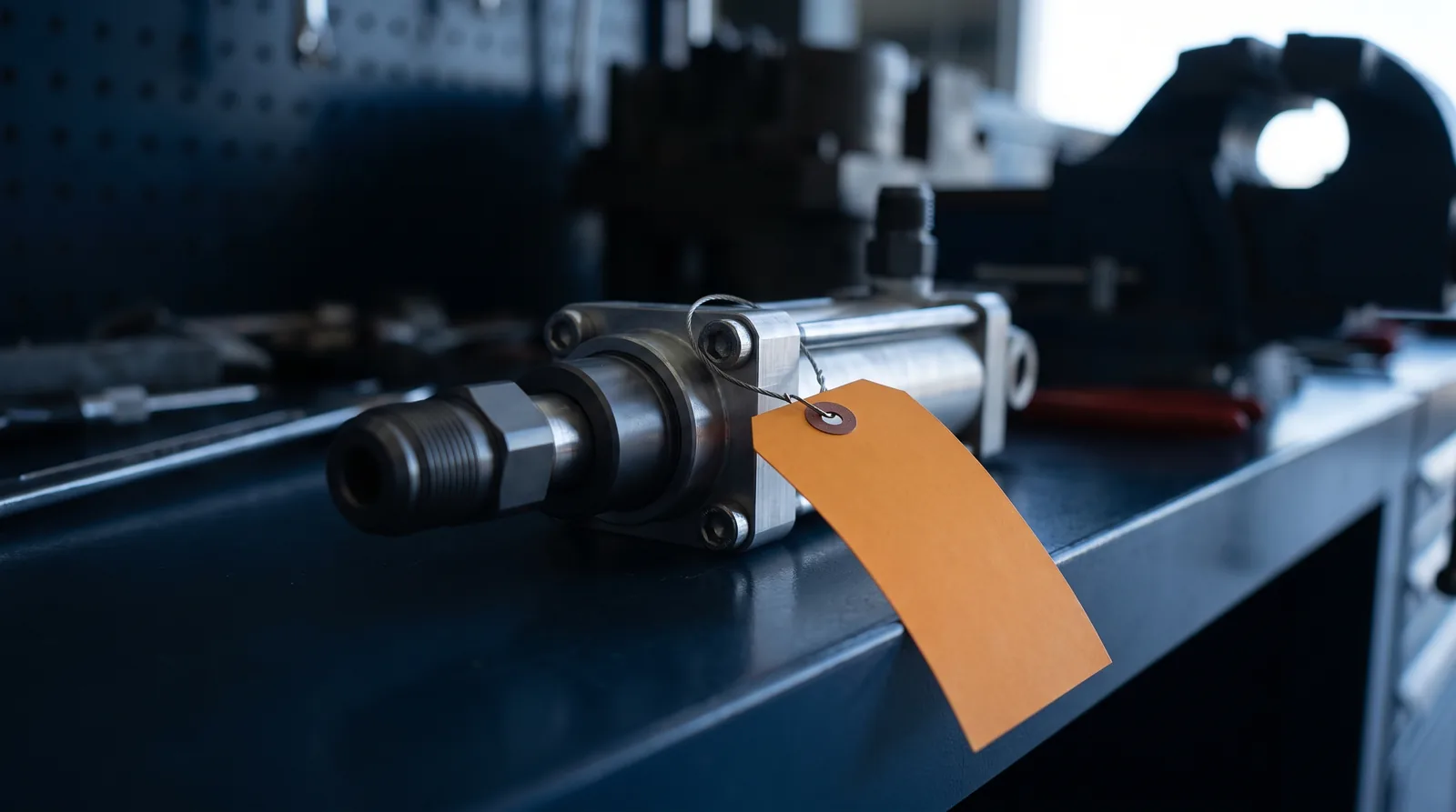 Hydraulic actuator on a workshop bench with an orange inspection tag