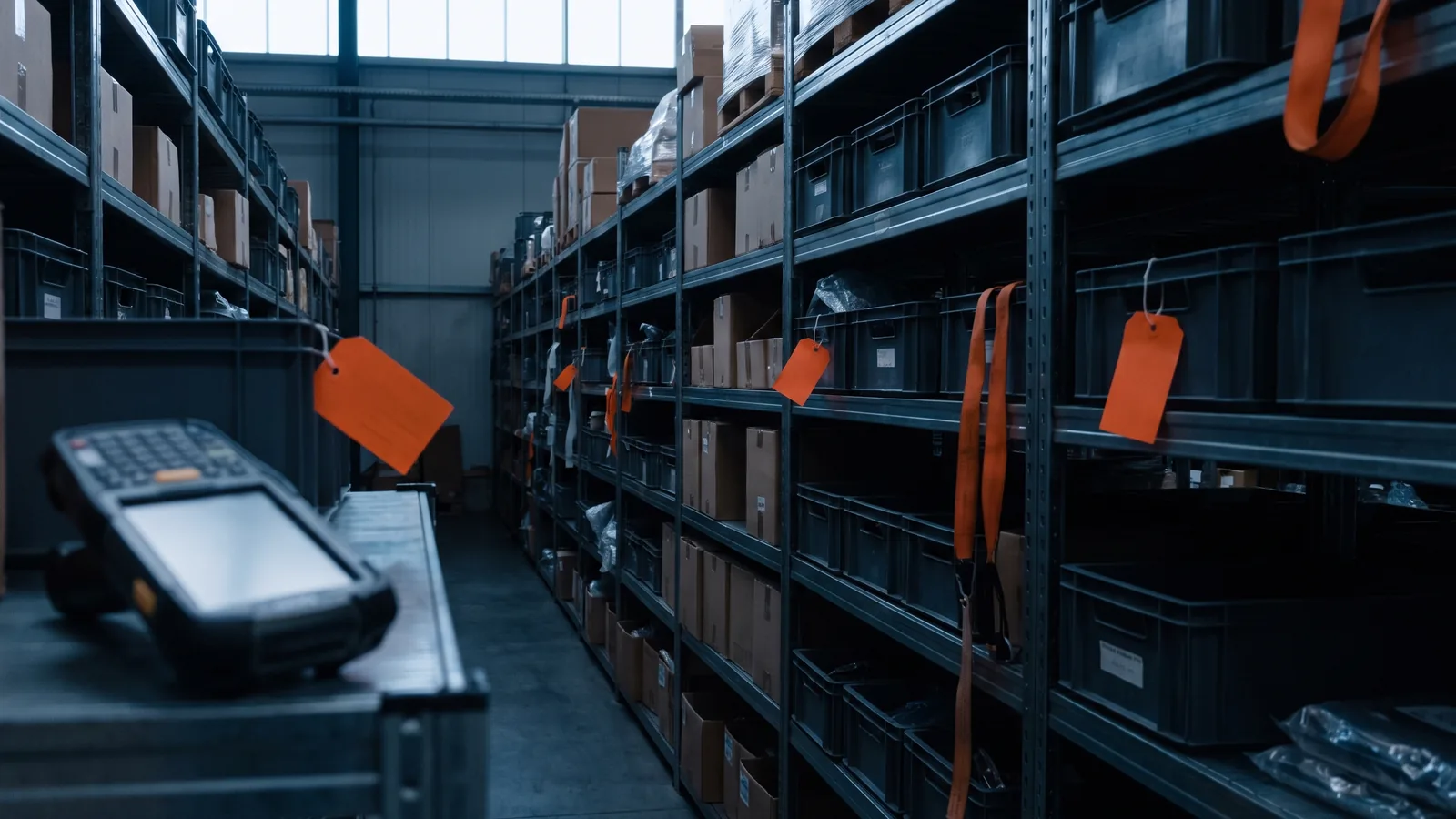 Airline stores aisle: racked bins and boxes, each line tagged in orange
